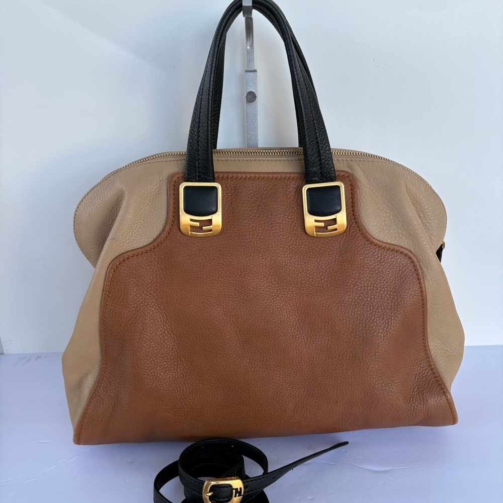 Fendi Tri Color Leather Satchel Bag in Brown, Beige And Black